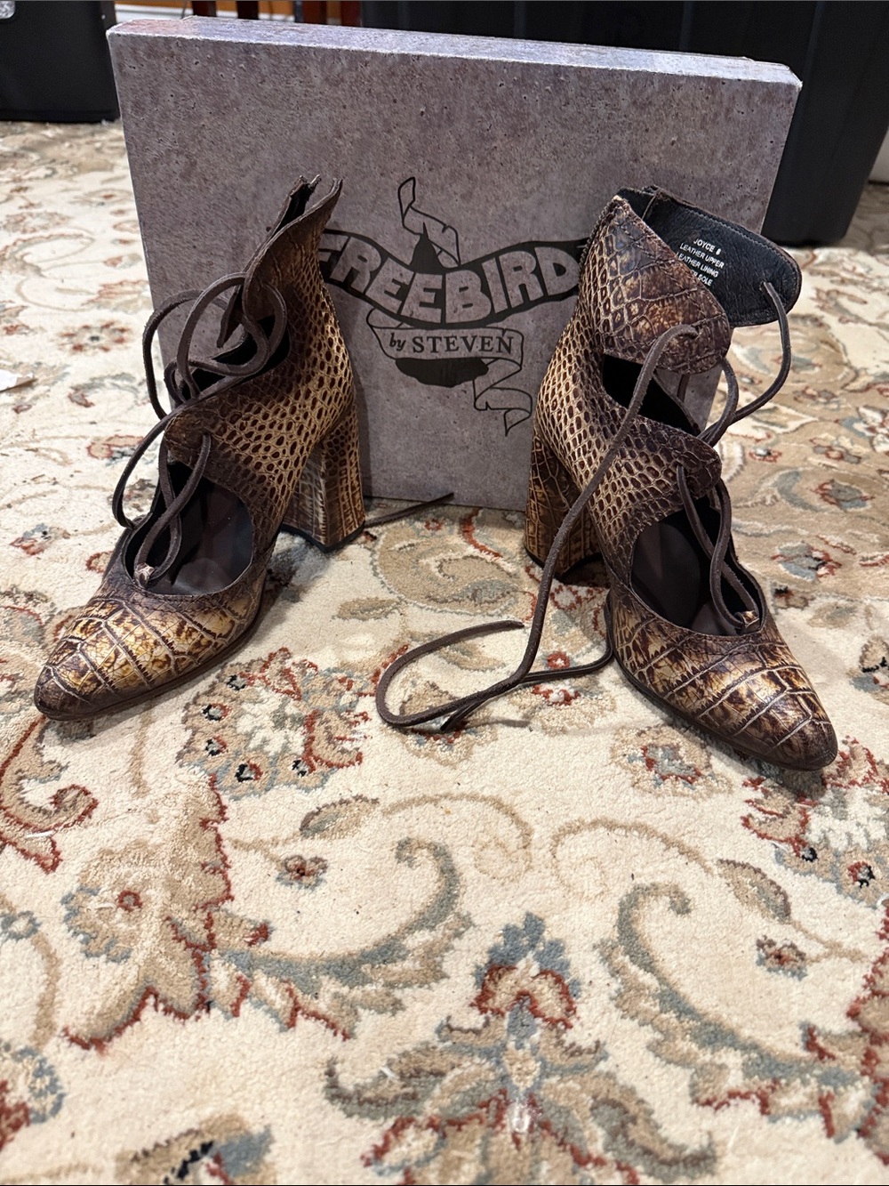 Freebird by Steven Brown Croc-Embossed Lace-Up Block Heel Pumps